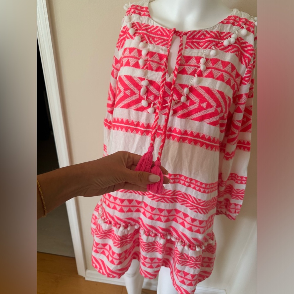 SAIL TO SABLE STRIPE LONG SLEEVE RUFFLE HEM DRESS - WHITE/PINK - Picture 9 of 12